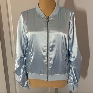 Women’s Light Blue Long Sleeve Ruched Reflective Bomber Jacket